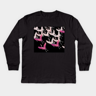 PINK FUCHSIA WHITE FLYING CRANES IN BLACK Japanese Pattern Kids Long Sleeve T-Shirt